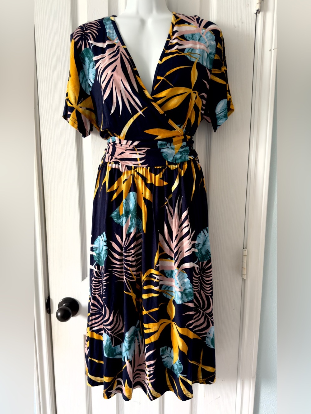 Navy Tropical Print Wrap Maxi Dress with Pink & Mustard Leaves